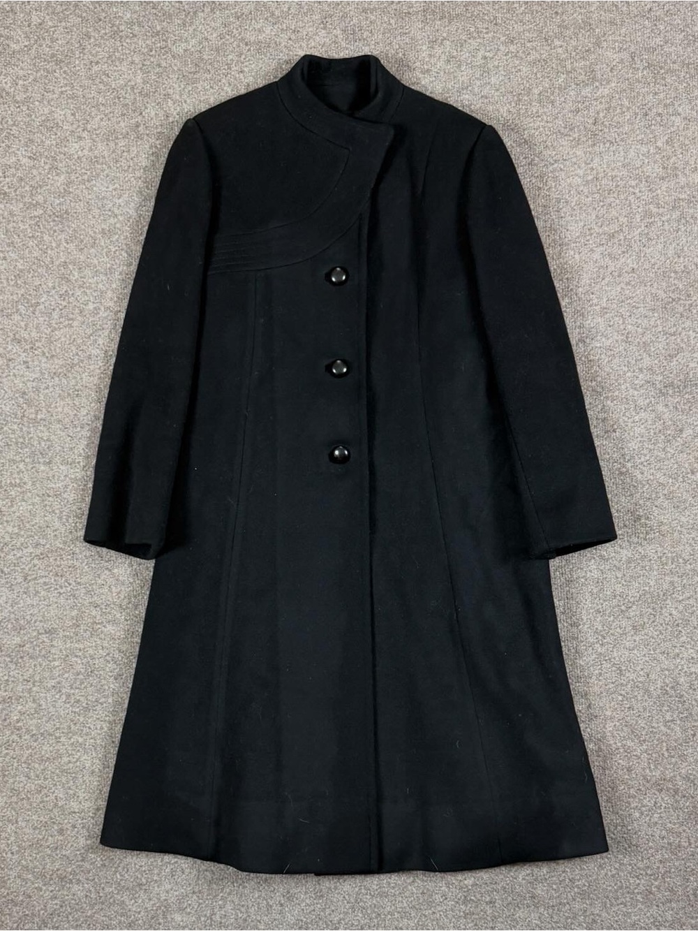 Vintage Black Long Wool Single Breasted Coat Women’s Size S/M High Neck Overcoat
